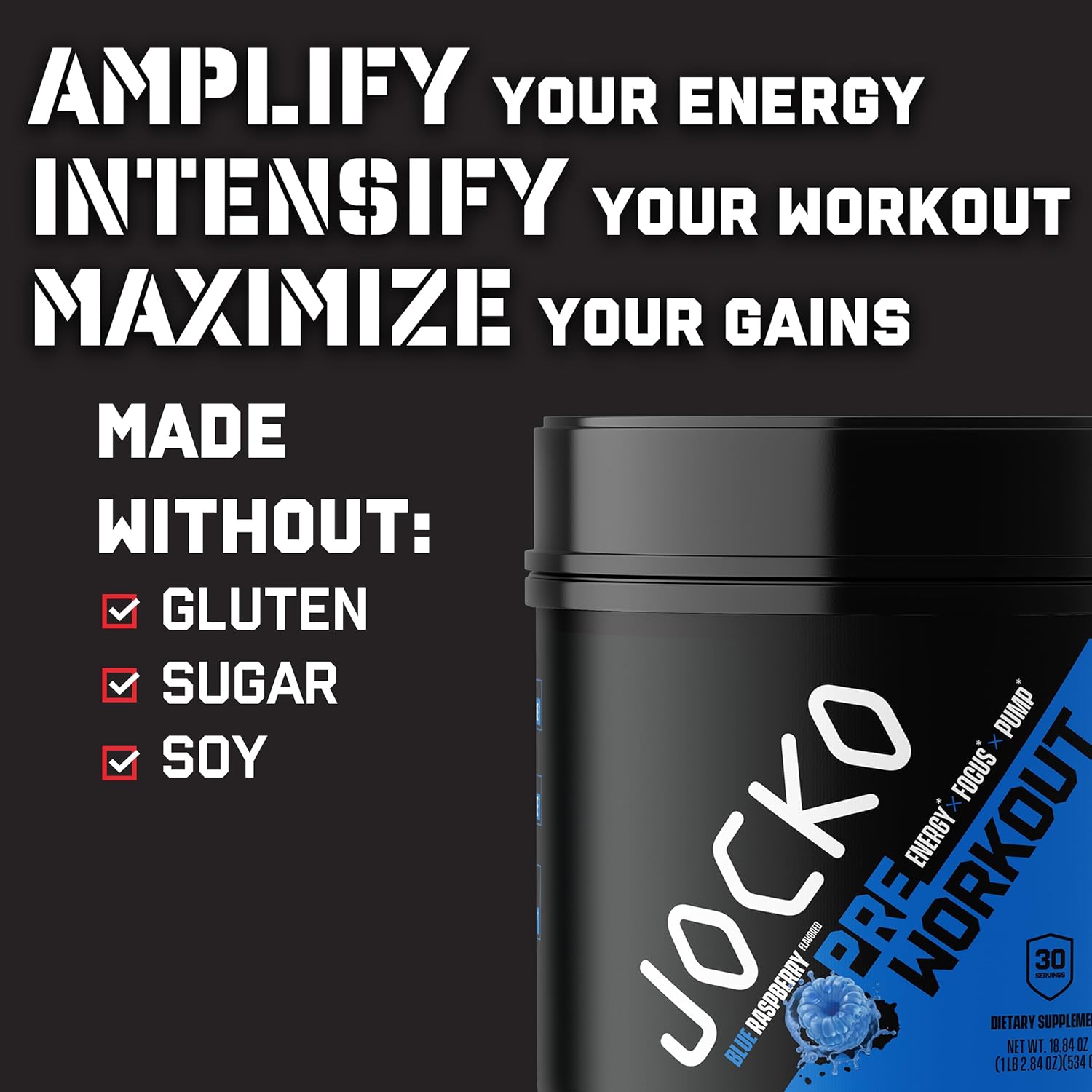 Jocko Fuel Ultimate Pre-Workout Powder Drink for Men & Women - High-Stim Sugar-Free Nootropic Blend - Blue Raspberry Flavor with 200mg Caffeine