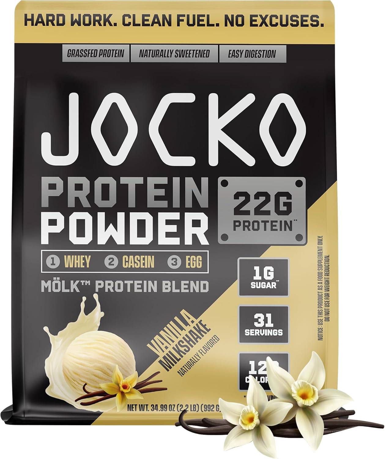 Jocko Mölk Whey Protein Powder - 22g Protein, Low Sugar Monk Fruit Blend - Muscle Recovery & Growth - Vanilla Milkshake Flavor - 31 Servings