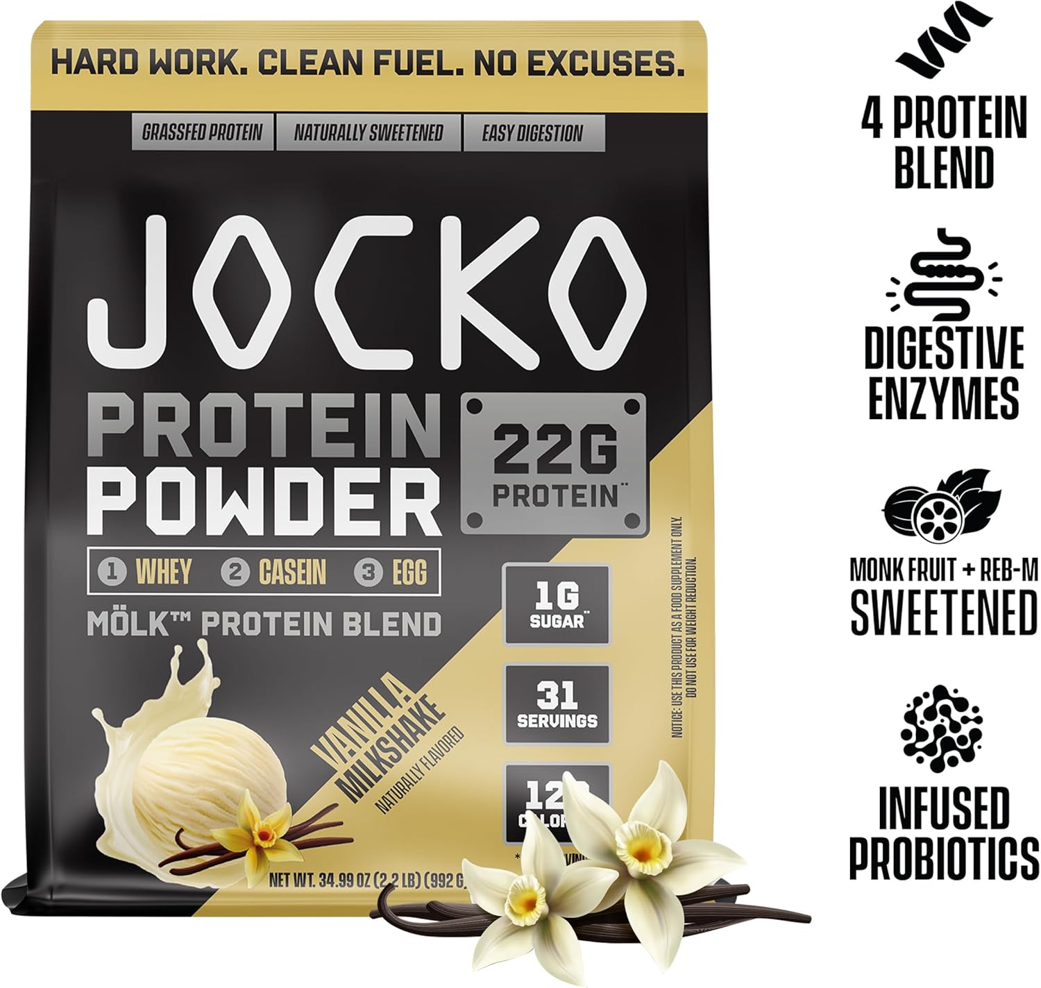 Jocko Mölk Whey Protein Powder - 22g Protein, Low Sugar Monk Fruit Blend - Muscle Recovery & Growth - Vanilla Milkshake Flavor - 31 Servings