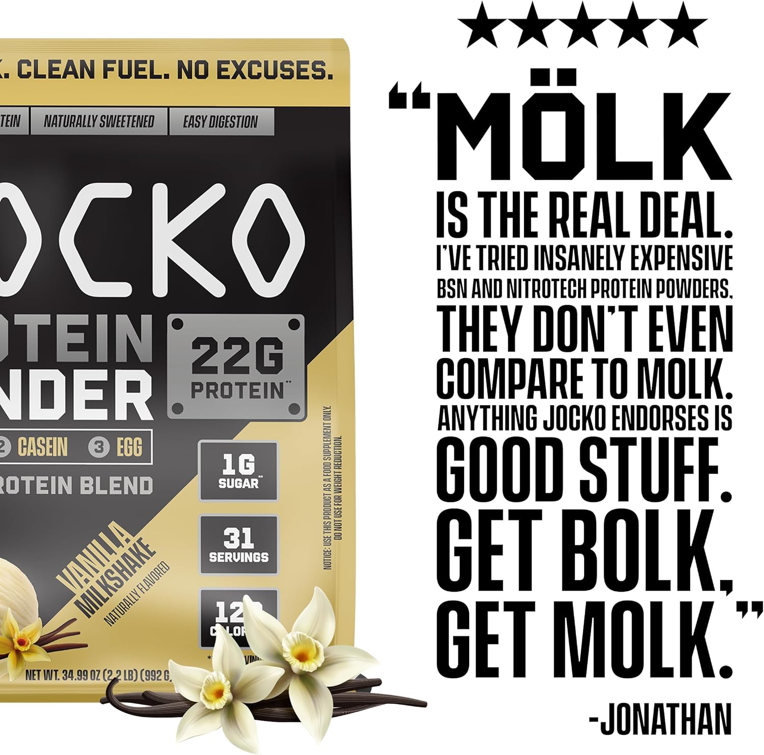 Jocko Mölk Whey Protein Powder - 22g Protein, Low Sugar Monk Fruit Blend - Muscle Recovery & Growth - Vanilla Milkshake Flavor - 31 Servings