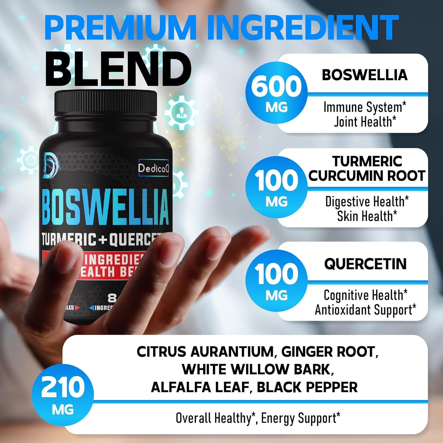Joint and Immune Support Supplement - DEDICAD Boswellia Serrata Extract with Turmeric, Quercetin, Citrus, Ginger, White Willow, Alfalfa - 120 Capsules