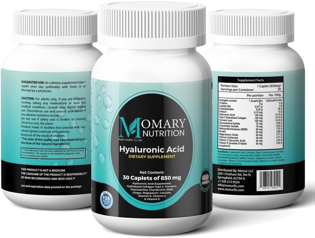 Joint and Skin Hydration Supplement with Hyaluronic Acid, Type II Collagen, Turmeric, Glucosamine, and Chondroitin - 30 Caplets