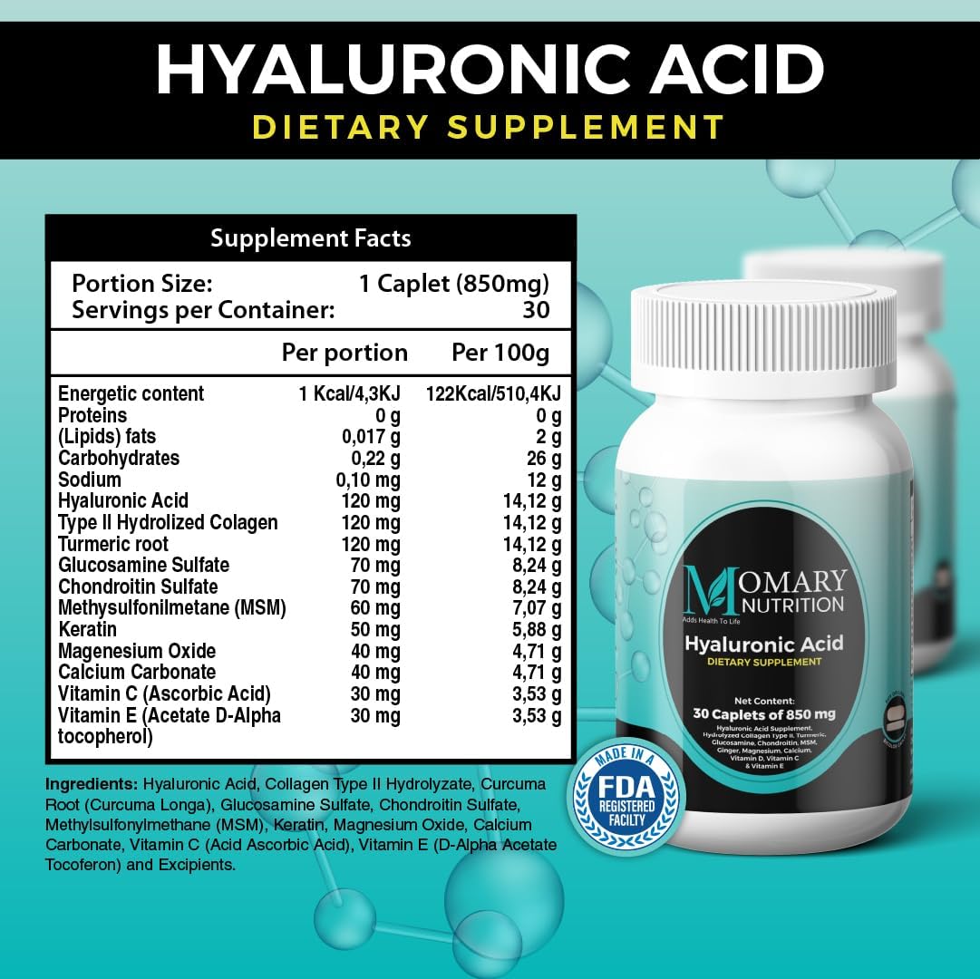 Joint and Skin Hydration Supplement with Hyaluronic Acid, Type II Collagen, Turmeric, Glucosamine, and Chondroitin - 30 Caplets