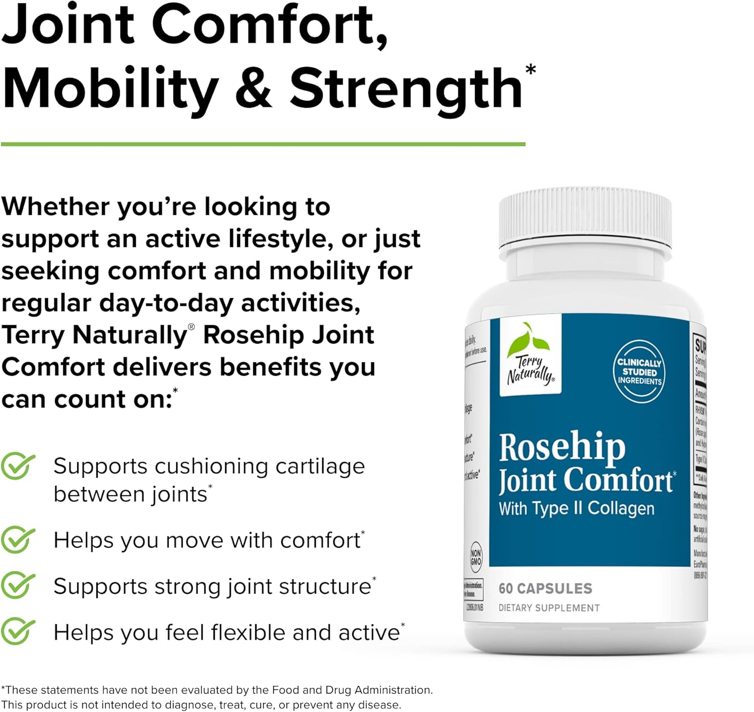 Joint Comfort & Flexibility Support Supplement with Rosehip & Type II Collagen - 60 Capsules
