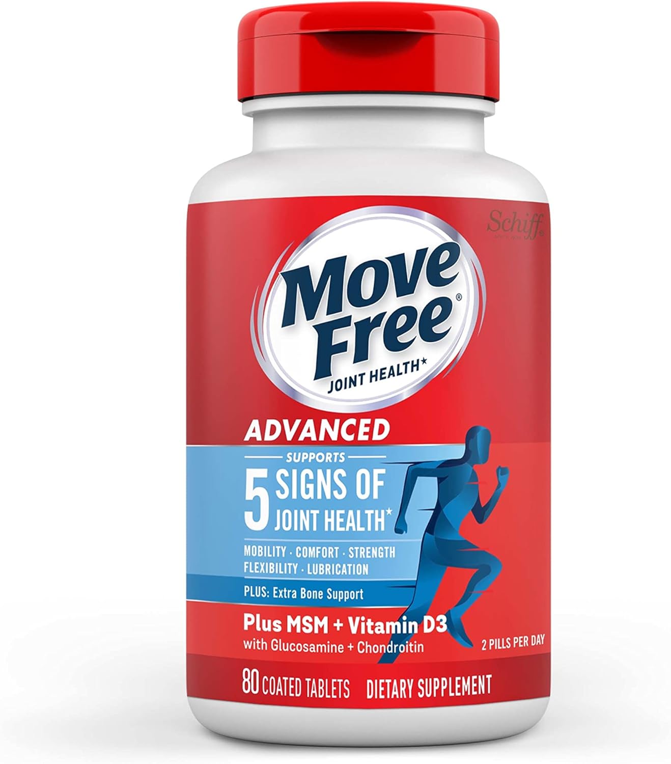 Joint Health Supplement with Glucosamine, Chondroitin, MSM & Vitamin D3 - Move Free Advanced Support Tablets for Men & Women (80ct)