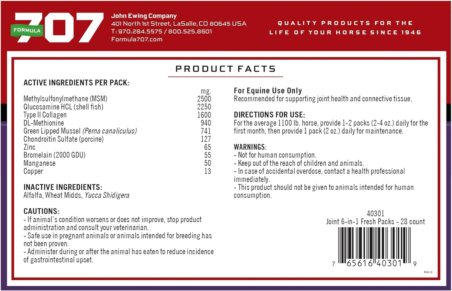 Joint Integrity and Inflammatory Response Support for Horses - Equine Supplement with Green-Lipped Mussel, MSM, Glucosamine, Chondroitin, Collagen - Daily Fresh Packs