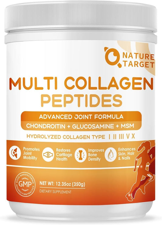 Joint Support Collagen Peptides Powder for Men & Women - Hydrolyzed Type I II III V X Collagen with MSM + GC for Skin, Hair, Nails - Non-GMO - 35 Servings