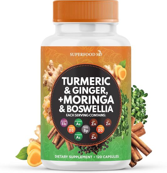 Joint Support Superfood Supplement with Turmeric, Moringa, Ginger, Boswellia, and Saffron - Women and Men - 120 Capsules