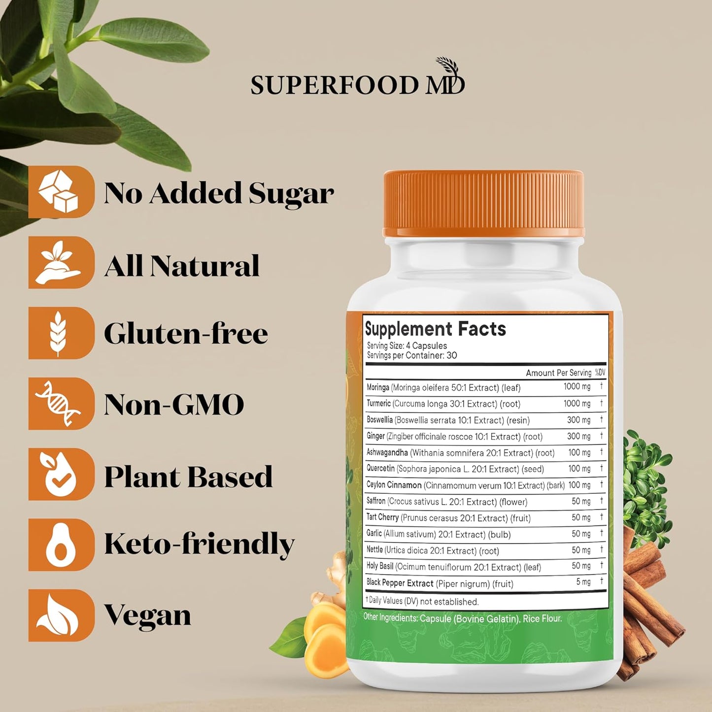 Joint Support Superfood Supplement with Turmeric, Moringa, Ginger, Boswellia, and Saffron - Women and Men - 120 Capsules