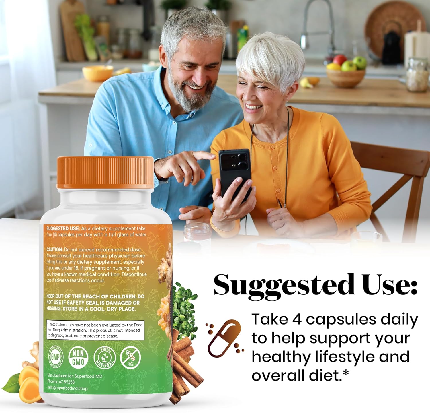 Joint Support Superfood Supplement with Turmeric, Moringa, Ginger, Boswellia, and Saffron - Women and Men - 120 Capsules