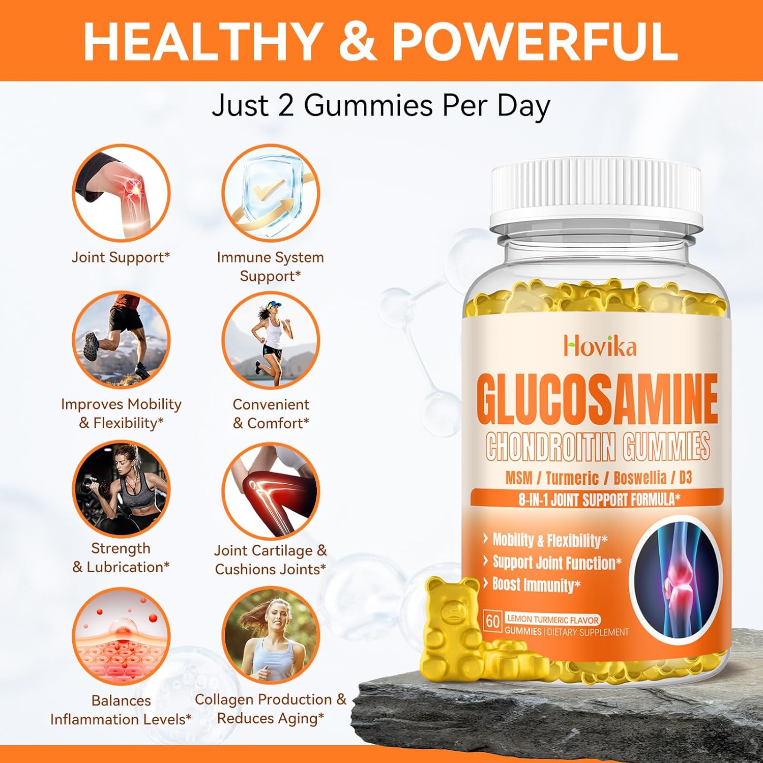 Joint Support Supplement with Glucosamine, Chondroitin, MSM, Turmeric, Vitamin D3, Hyaluronic Acid - Antioxidant & Immune Support Gummies for Adults - 60 Vegan Gummies