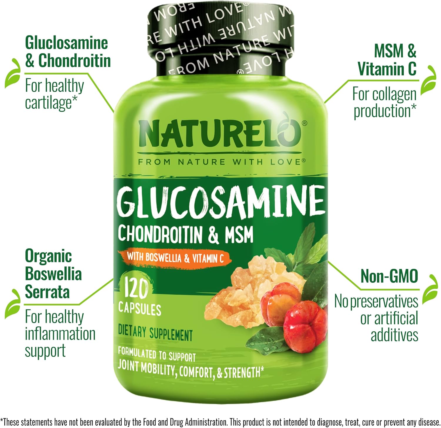Joint Support Supplement with Glucosamine, Chondroitin, MSM, Boswellia, and Vitamin C - 120 Capsules by NATURELO