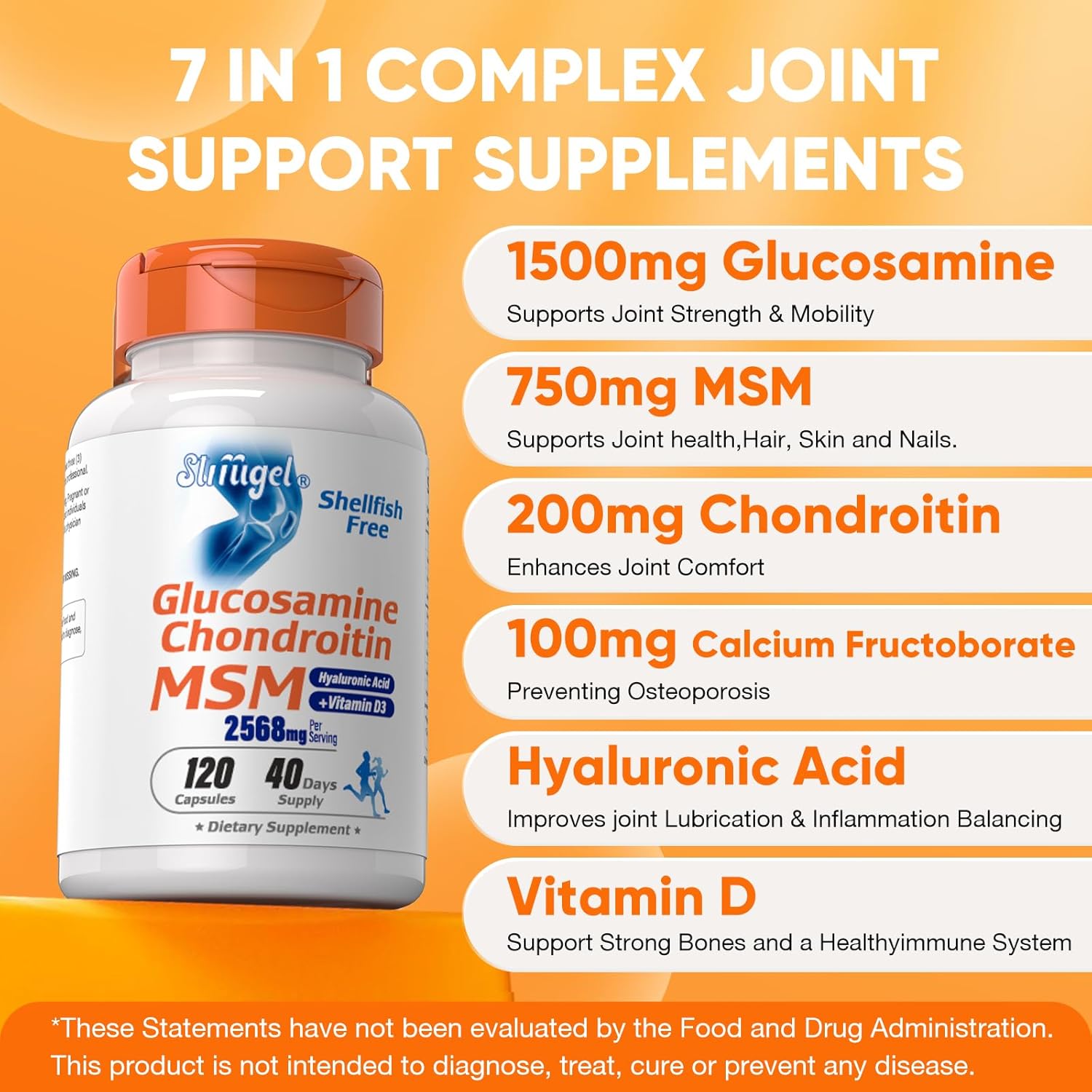 Joint Support Supplement with Glucosamine, Chondroitin, MSM, and Vitamin D3 - Shellfish Free, Non-GMO Formula for Inflammation, Flexibility, and Bone Health