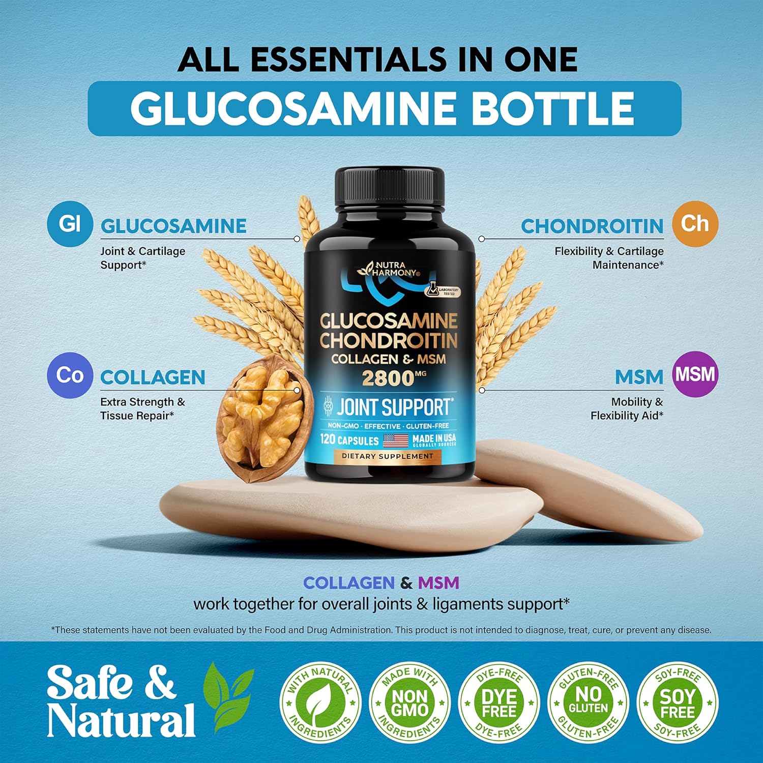 Joint Support Supplement with Glucosamine, Chondroitin, MSM, and Collagen | FSA & HSA Eligible | Made in USA | Flexibility Vitamins for Men & Women | Pack of 2