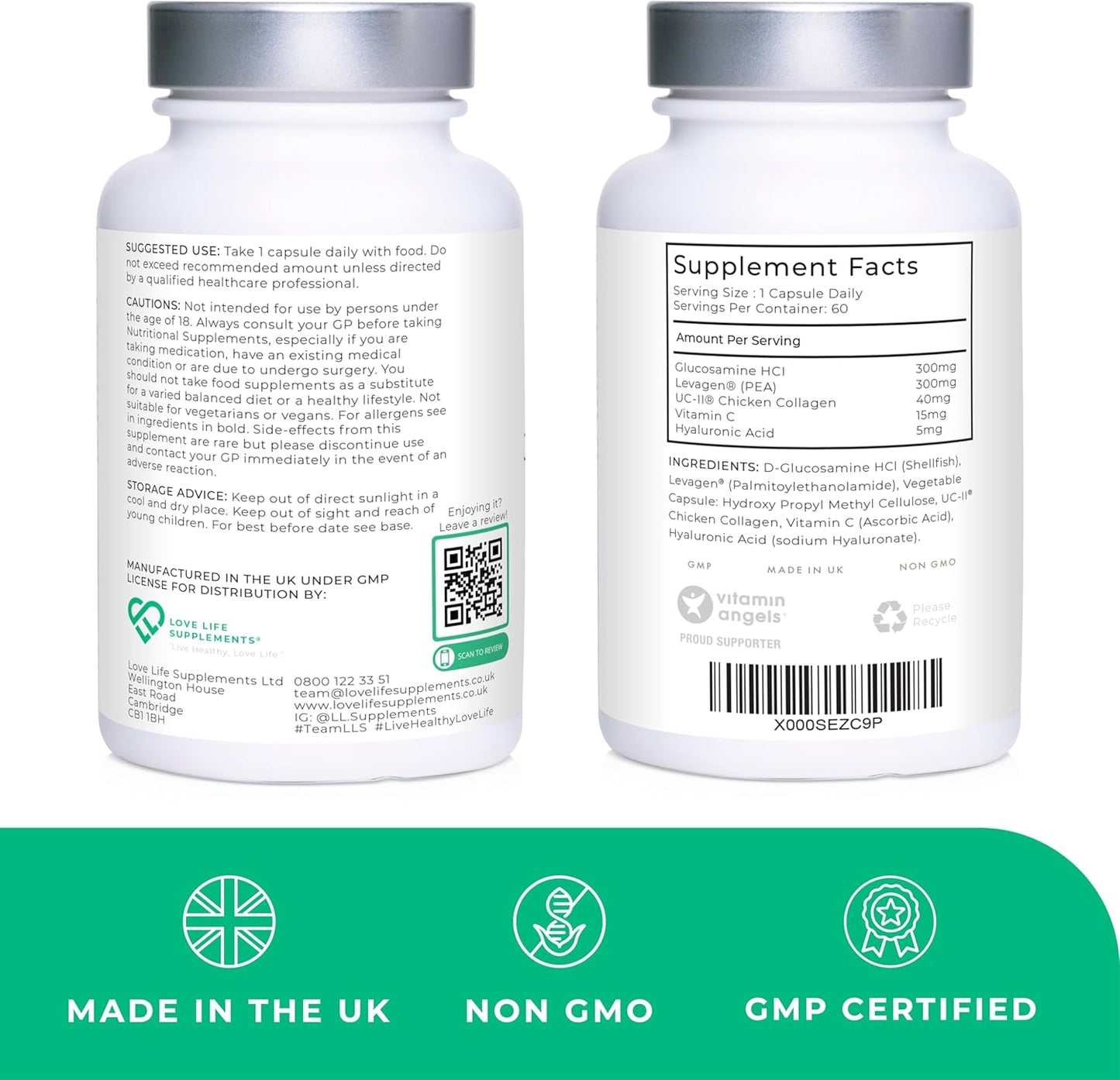 Joint Support Supplement with Glucosamine, Vitamin C, Hyaluronic Acid, Levagen®, UC-II® Chicken Collagen - 60 Capsules, 2 Month Supply for Joint Pain Relief & Care in Men & Women