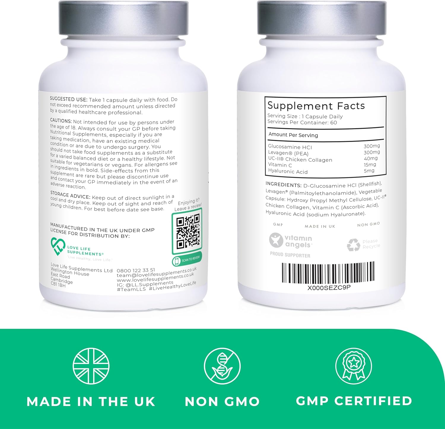 Joint Support Supplement with Glucosamine, Vitamin C, Hyaluronic Acid, Levagen®, UC-II® Chicken Collagen - 60 Capsules, 2 Month Supply for Joint Pain Relief & Care in Men & Women