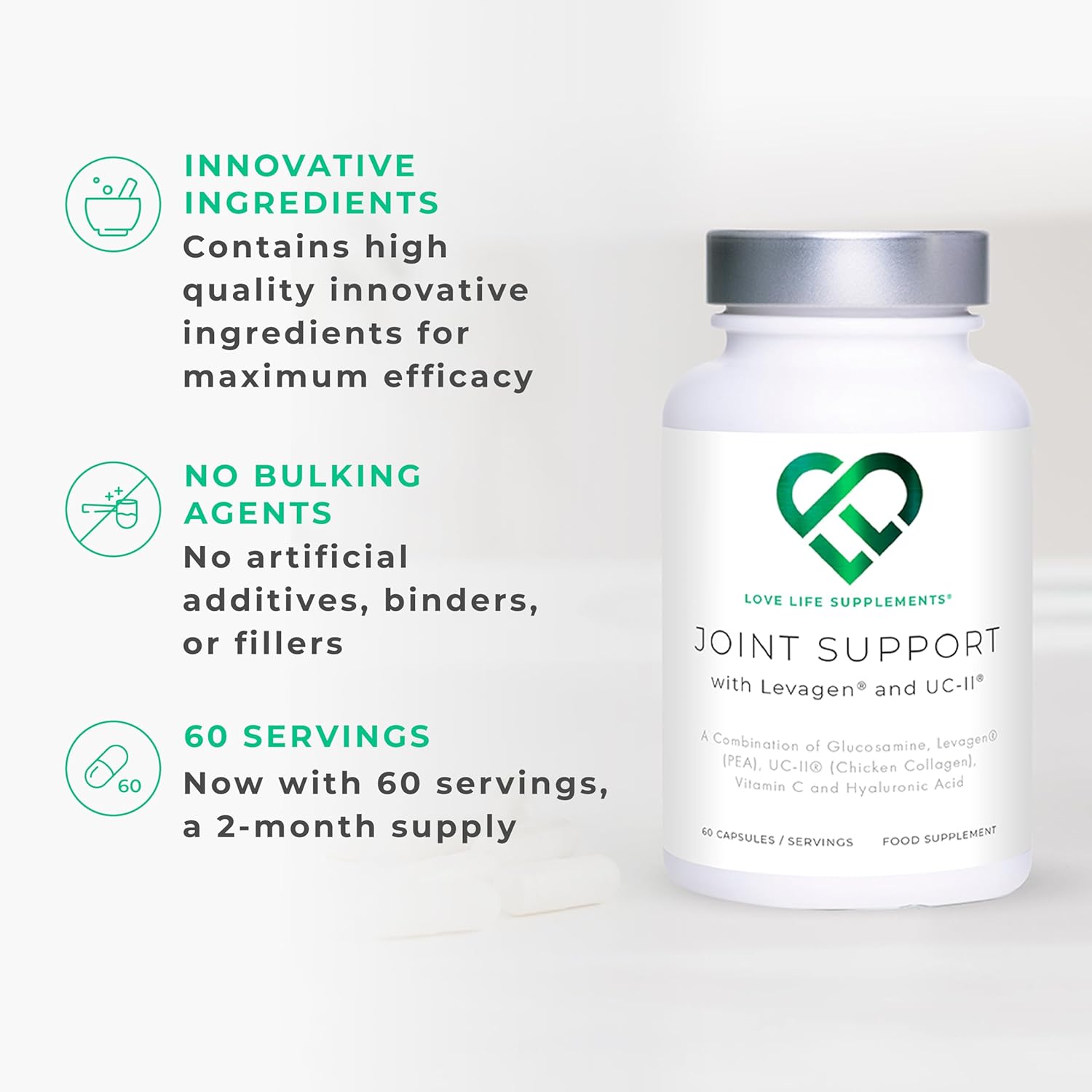 Joint Support Supplement with Glucosamine, Vitamin C, Hyaluronic Acid, Levagen®, UC-II® Chicken Collagen - 60 Capsules, 2 Month Supply for Joint Pain Relief & Care in Men & Women