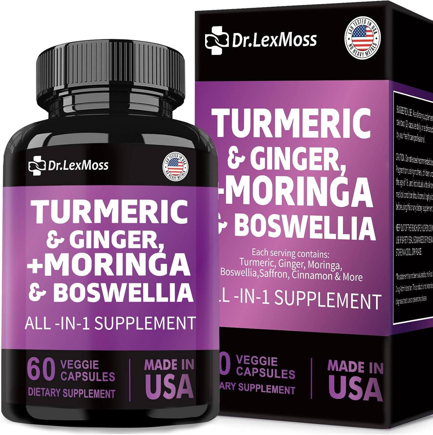 Joint Support Supplement with Turmeric, Ginger, Moringa, Boswellia, Saffron, Ceylon Cinnamon, Quercetin, and Tart Cherry - 60 Capsules from Dr. LexMoss - 30000mg Turmeric, 3000mg Ginger, 50000mg Moringa, 3000mg Boswellia, 2000mg Saffron