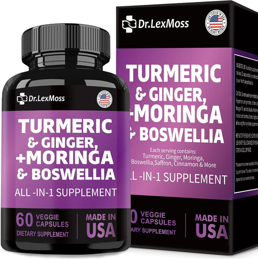 Joint Support Supplement with Turmeric, Ginger, Moringa, Boswellia, Saffron, Ceylon Cinnamon, Quercetin, and Tart Cherry - 60 Capsules from Dr. LexMoss - 30000mg Turmeric, 3000mg Ginger, 50000mg Moringa, 3000mg Boswellia, 2000mg Saffron