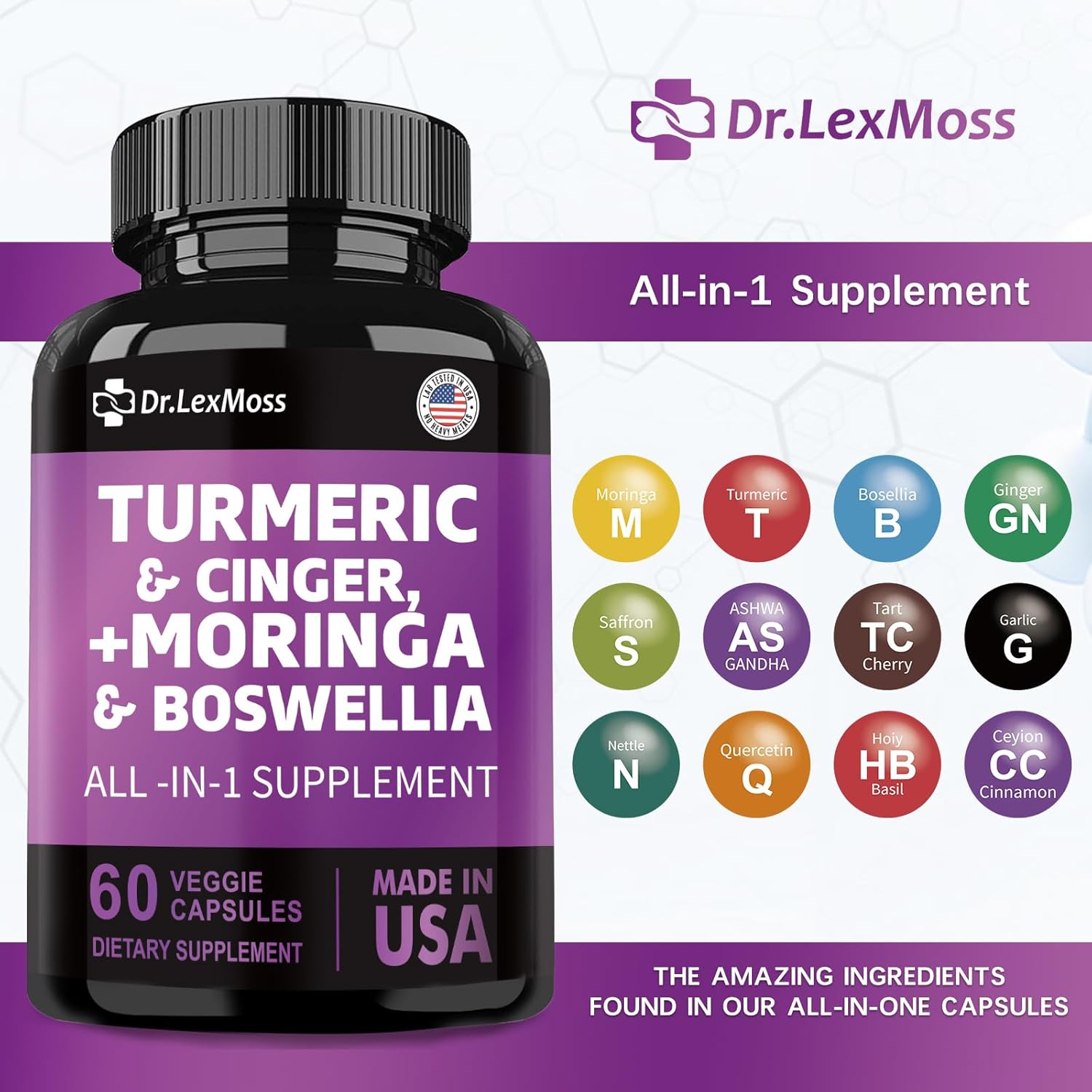 Joint Support Supplement with Turmeric, Ginger, Moringa, Boswellia, Saffron, Ceylon Cinnamon, Quercetin, and Tart Cherry - 60 Capsules from Dr. LexMoss - 30000mg Turmeric, 3000mg Ginger, 50000mg Moringa, 3000mg Boswellia, 2000mg Saffron