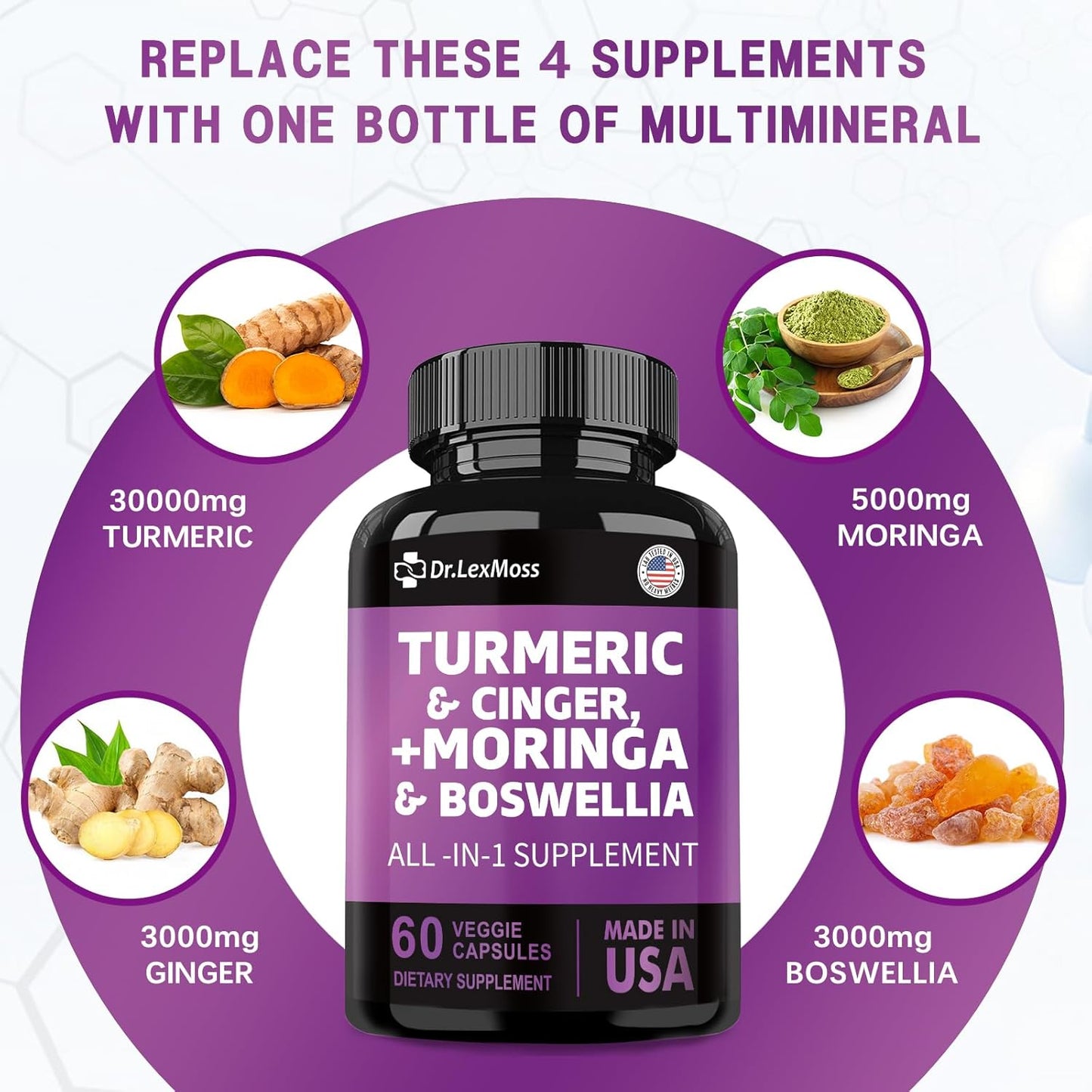 Joint Support Supplement with Turmeric, Ginger, Moringa, Boswellia, Saffron, Ceylon Cinnamon, Quercetin, and Tart Cherry - 60 Capsules from Dr. LexMoss - 30000mg Turmeric, 3000mg Ginger, 50000mg Moringa, 3000mg Boswellia, 2000mg Saffron