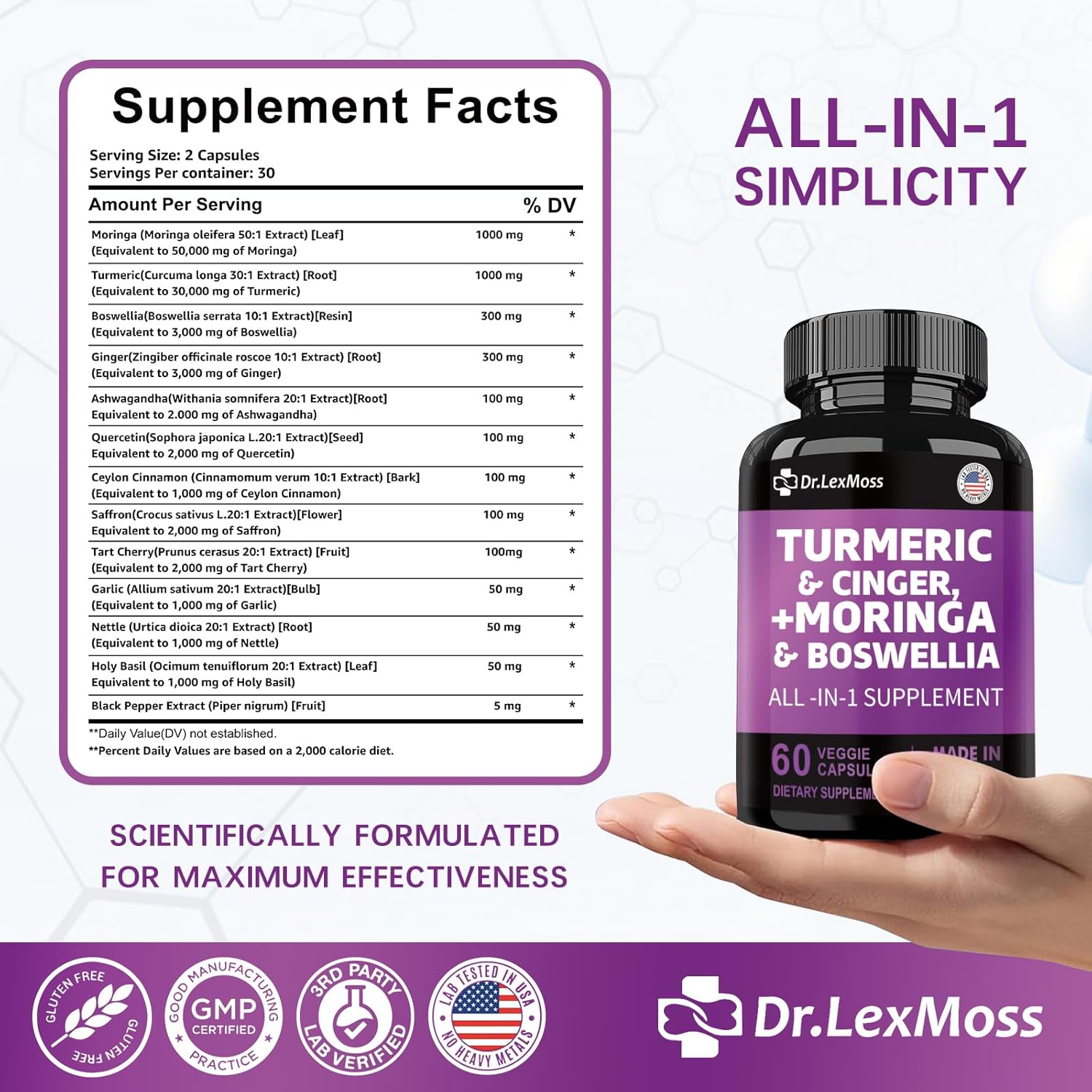 Joint Support Supplement with Turmeric, Ginger, Moringa, Boswellia, Saffron, Ceylon Cinnamon, Quercetin, and Tart Cherry - 60 Capsules from Dr. LexMoss - 30000mg Turmeric, 3000mg Ginger, 50000mg Moringa, 3000mg Boswellia, 2000mg Saffron