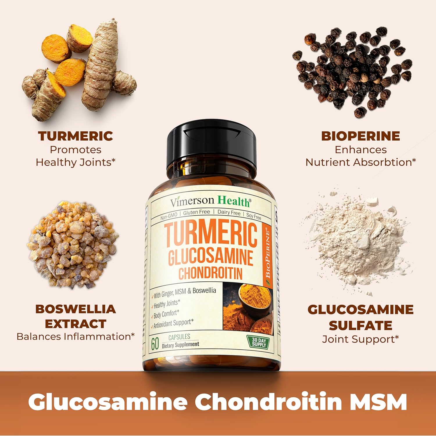 Joint Support Supplement with Turmeric, Glucosamine, and Chondroitin for Men & Women - Includes Ginger, Boswellia, MSM, and Black Pepper for Immune Health - 60 Capsules