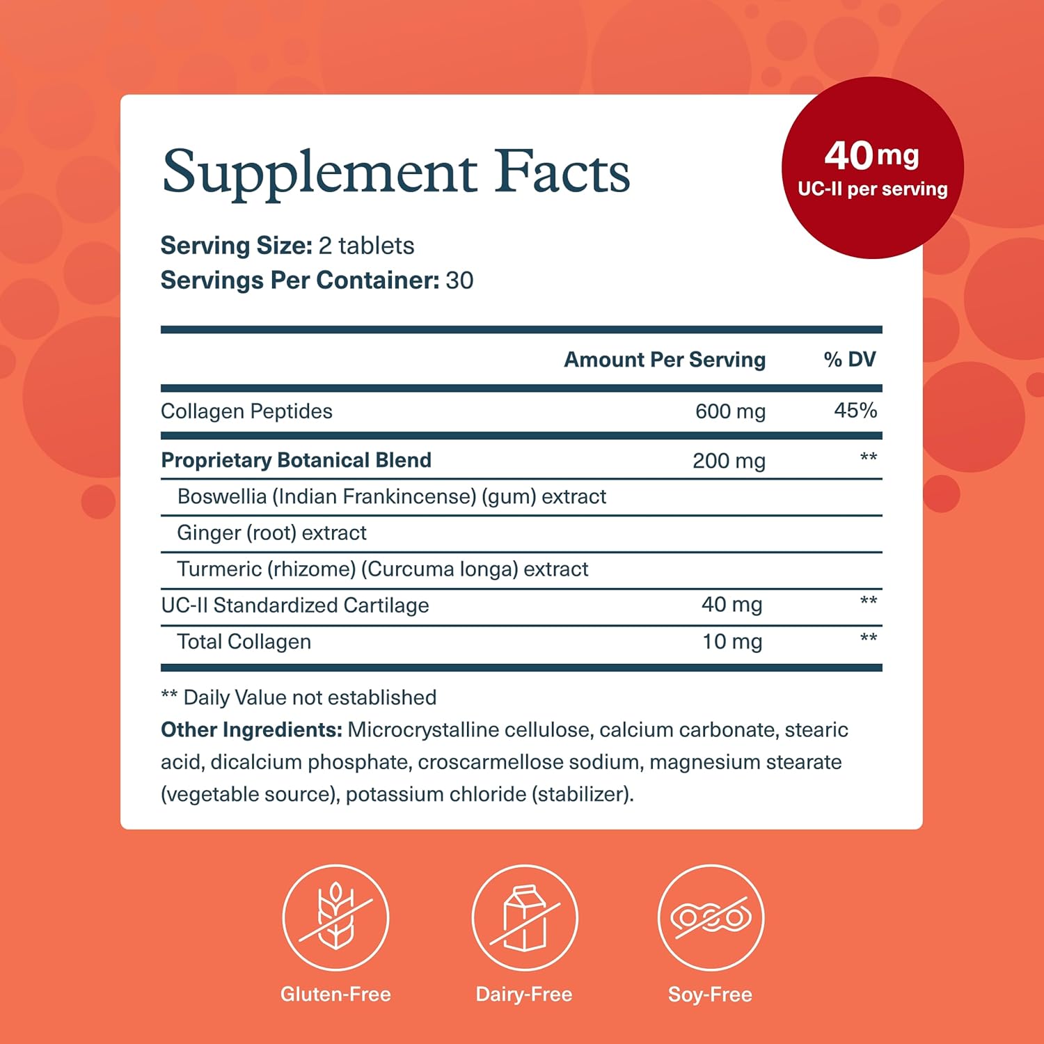 Joint Support Supplement with UC-II Collagen, Boswellia, Ginger & Turmeric - Men & Women - 60 Tablets - Dairy, Soy & Gluten Free