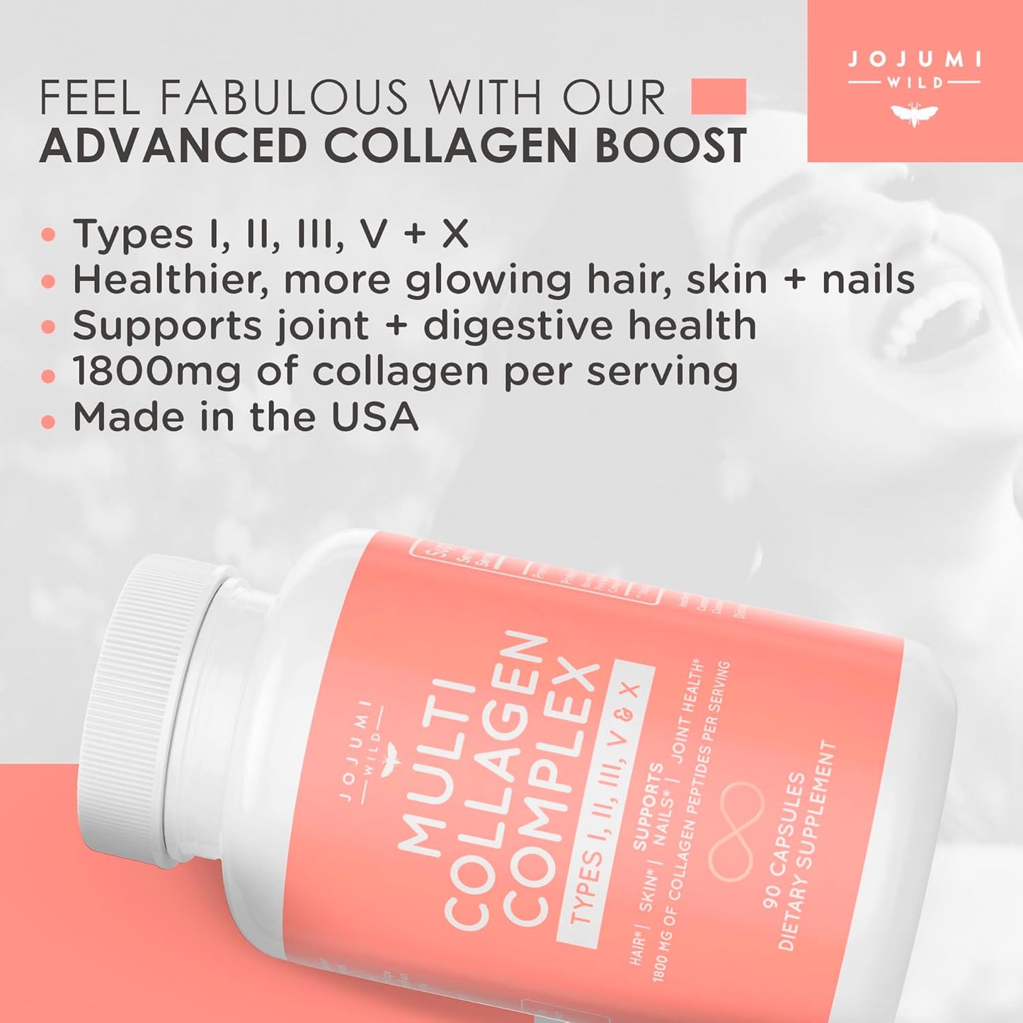 JOJUMI WILD 5-in-1 Multi Collagen Capsules for Skin, Hair, Nails, Joints - Women's Collagen Supplements for Gut Health, Anti Aging - Type I, II, III, V + X