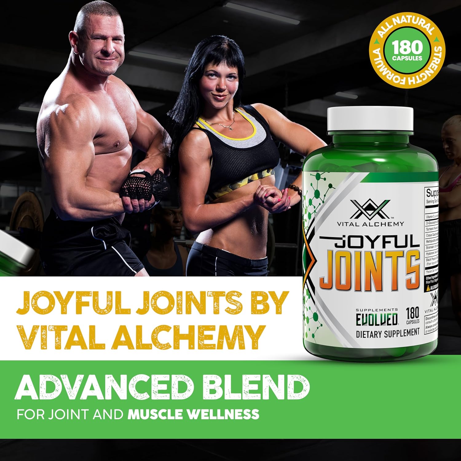 Joyful Joints Support Supplement for Women & Men with MSM, Glucosamine Sulfate, Turmeric, Hyaluronic Acid, Bromelain, Bioperine - 180 Capsules, USA Made