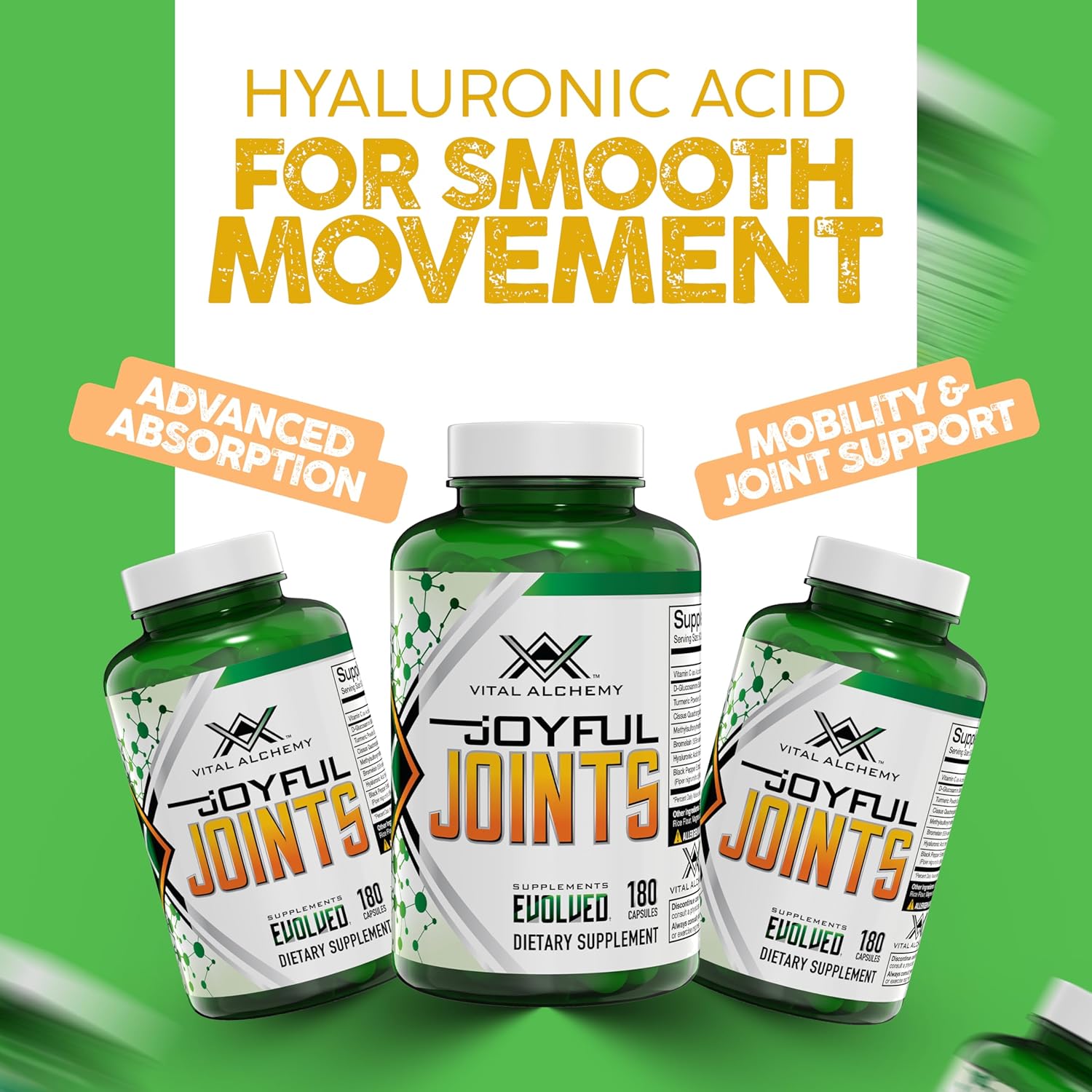 Joyful Joints Support Supplement for Women & Men with MSM, Glucosamine Sulfate, Turmeric, Hyaluronic Acid, Bromelain, Bioperine - 180 Capsules, USA Made