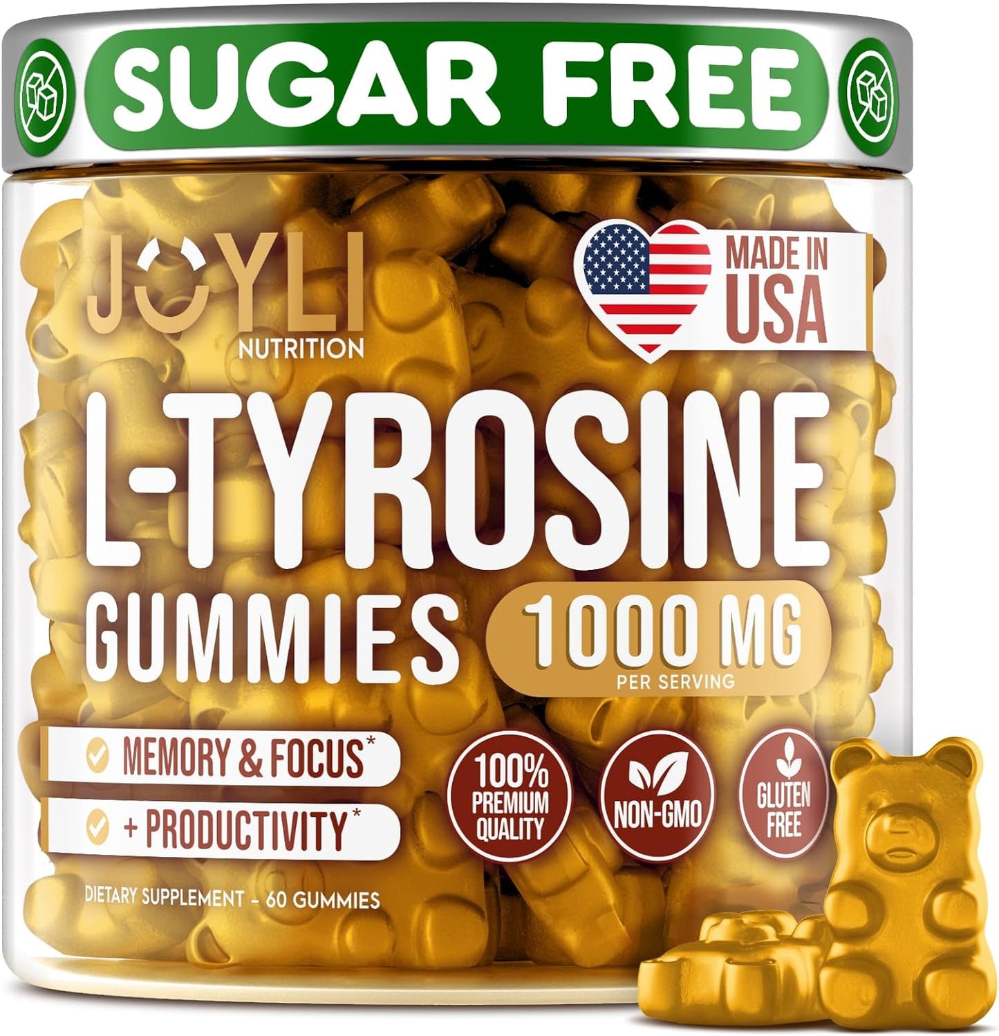 Joyli Nutrition L-Tyrosine Gummies 1000MG - Focus & Calm Supplement for Kids & Adults - Brain, Memory, Mood, Energy Support - Vegan & Gluten-Free - 500mg per Gummy