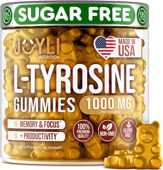 Joyli Nutrition L-Tyrosine Gummies 1000MG - Focus & Calm Supplement for Kids & Adults - Brain, Memory, Mood, Energy Support - Vegan & Gluten-Free - 500mg per Gummy