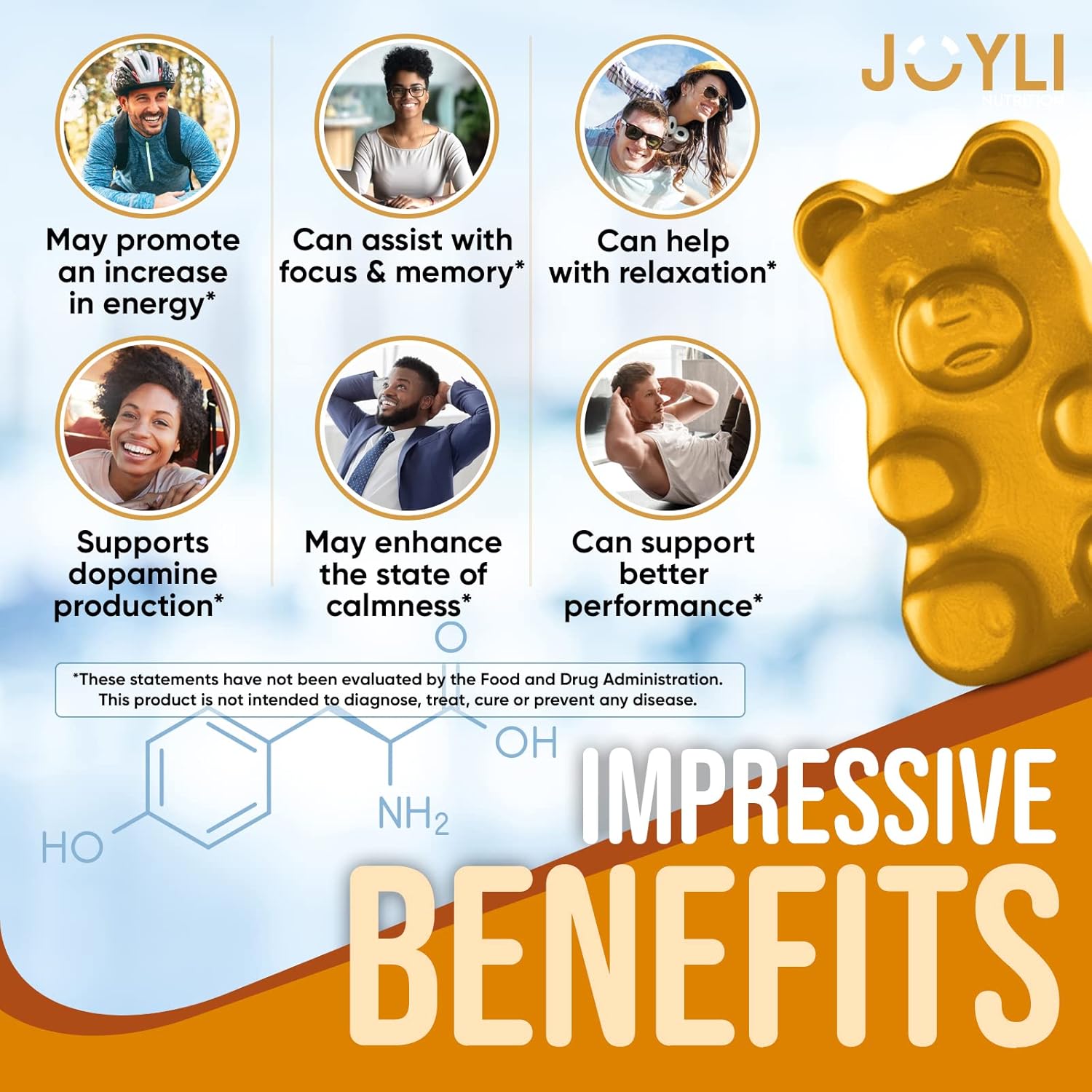 Joyli Nutrition L-Tyrosine Gummies 1000MG - Focus & Calm Supplement for Kids & Adults - Brain, Memory, Mood, Energy Support - Vegan & Gluten-Free - 500mg per Gummy