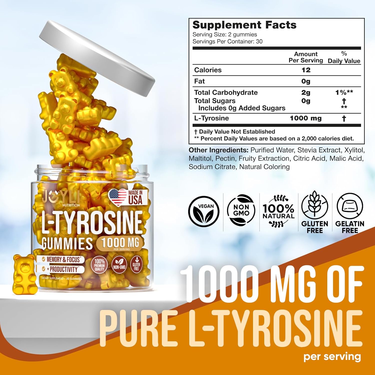 Joyli Nutrition L-Tyrosine Gummies 1000MG - Focus & Calm Supplement for Kids & Adults - Brain, Memory, Mood, Energy Support - Vegan & Gluten-Free - 500mg per Gummy