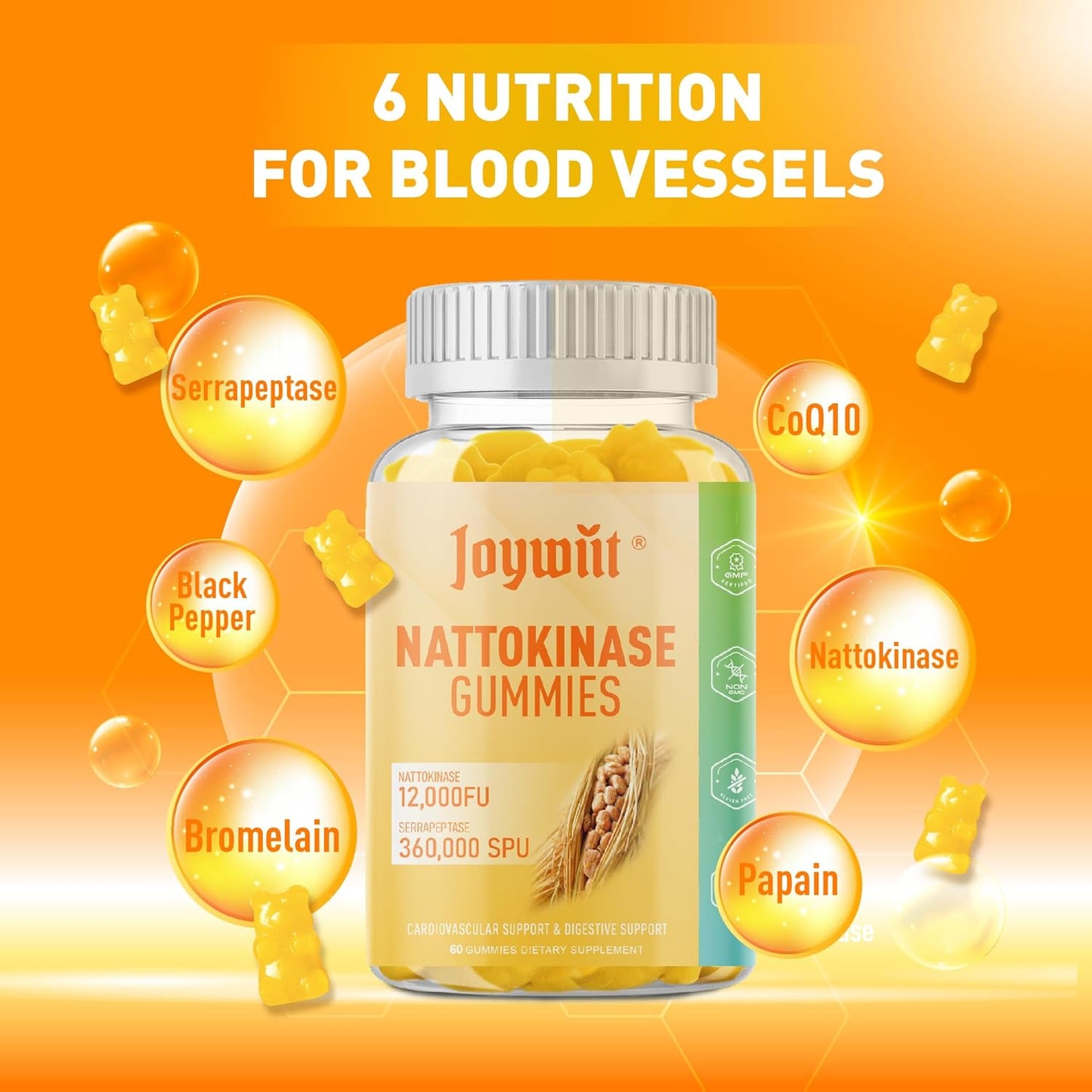 Joywiit Nattokinase and Serrapeptase Enzyme Gummies for Circulatory and Digestive Support - 60 Count Vegan Supplement