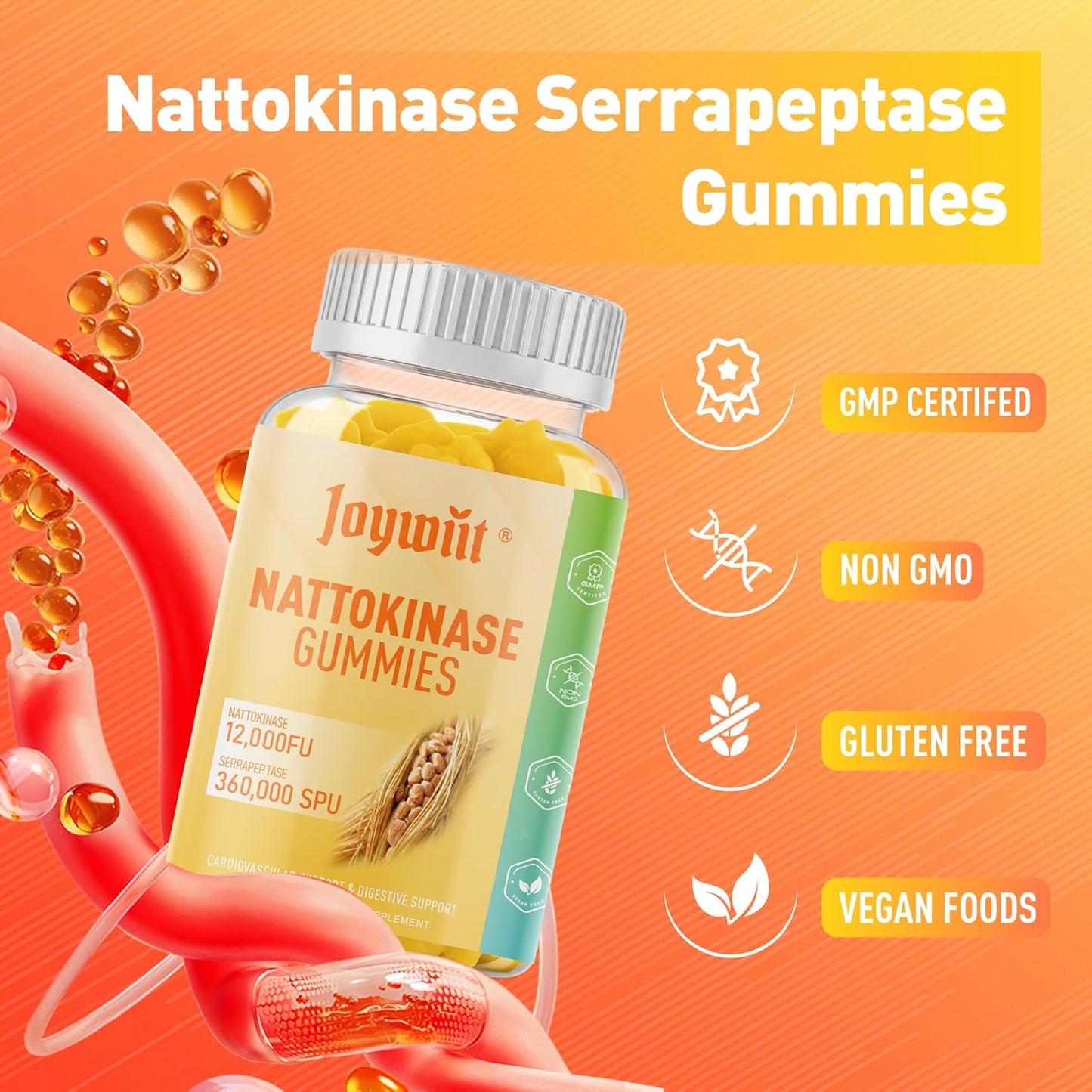 Joywiit Nattokinase and Serrapeptase Enzyme Gummies for Circulatory and Digestive Support - 60 Count Vegan Supplement