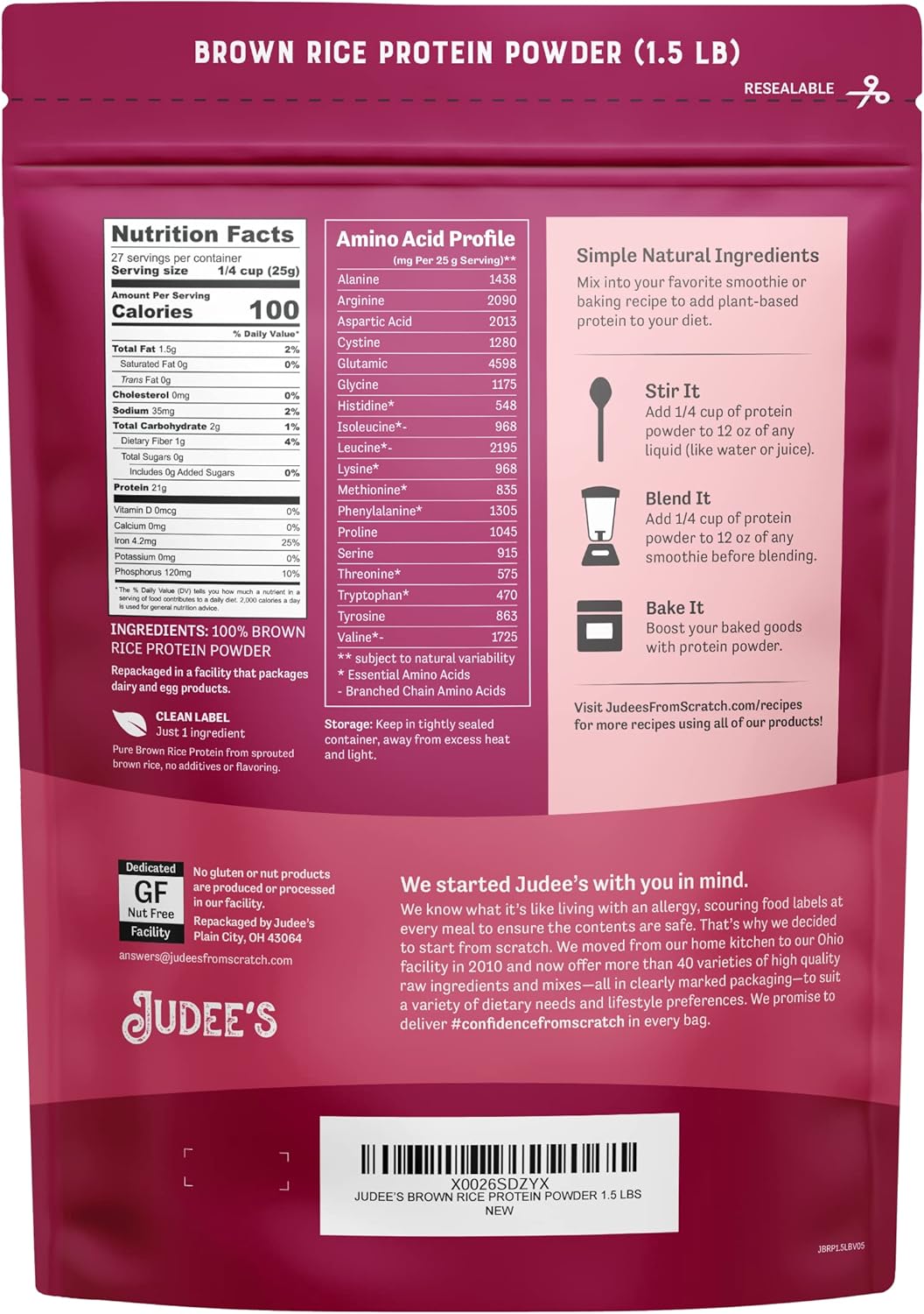 Judee's Brown Rice Protein Powder - 1.5 lb - 80% Protein - Non-GMO, Sprouted, Dairy-Free, Keto-Friendly - Plant-Based Gluten-Free Protein
