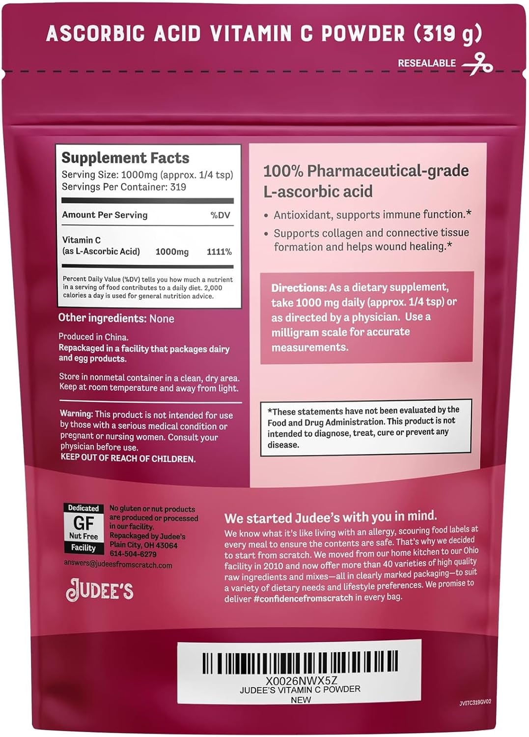 Judee's Pure Vitamin C Powder 11.25oz - Non-GMO, Gluten-Free, Nut-Free - Immune Support & Antioxidant - No Fillers - for Cosmetics & Preserving Foods