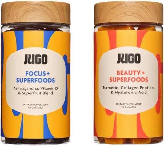 JUGO Beauty + Focus Gummy Bundle with Ashwagandha, Collagen, and Biotin - Enhance Focus, Reduce Stress, Promote Radiant Hair, Skin, Nails