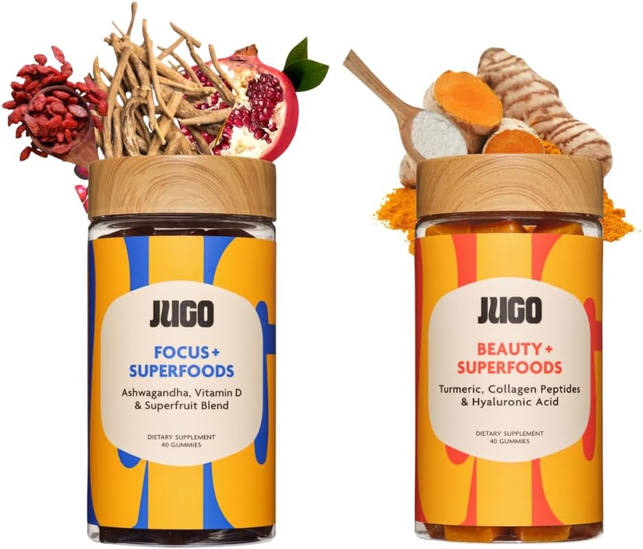 JUGO Beauty + Focus Gummy Bundle with Ashwagandha, Collagen, and Biotin - Enhance Focus, Reduce Stress, Promote Radiant Hair, Skin, Nails