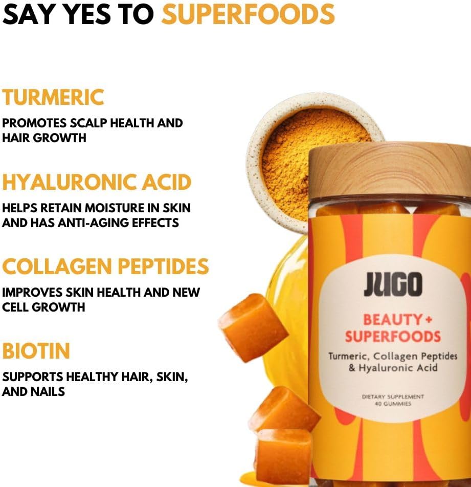 JUGO Beauty + Superfood Gummies with Biotin Collagen, Hyaluronic Acid - 40 Count