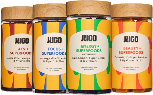 JUGO Superfoods Gummies Variety Pack - Focus, Energy, Beauty, ACV - Plant-Based, Gluten-Free, No Artificial Ingredients