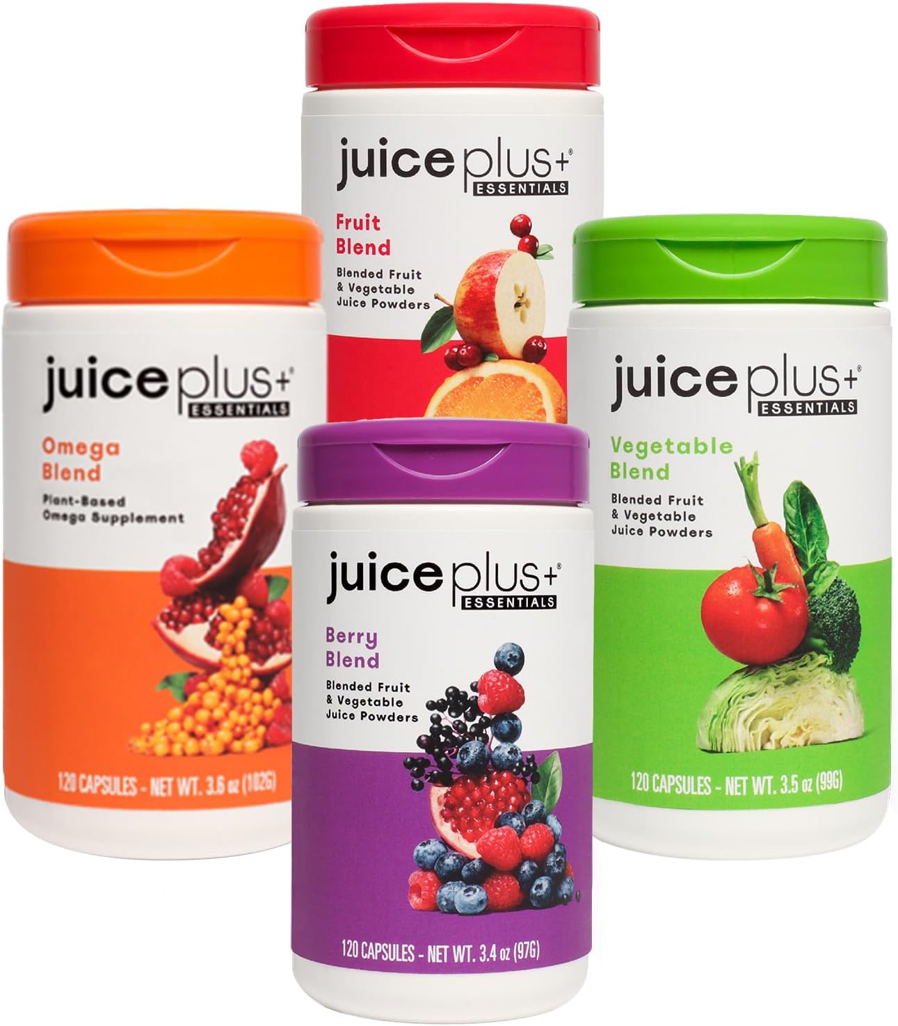 Juice Plus+ Fruit, Vegetable, Berry & Omega Blend Capsules - 4 Bottles (60 Servings) - Plant-Based Nutrition with 30 Fruits, Vegetables, Berries & Omega Fatty Acids