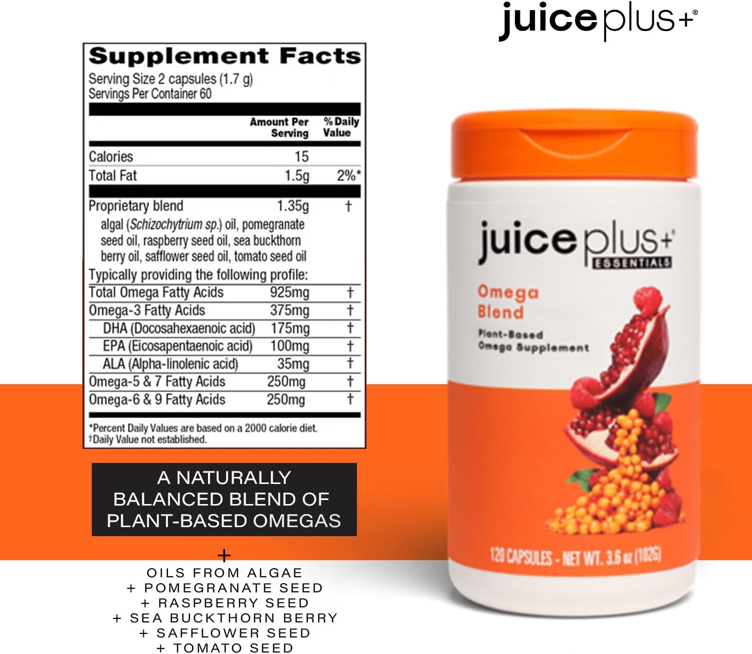 Juice Plus+ Fruit, Vegetable, Berry & Omega Blend Capsules - 4 Bottles (60 Servings) - Plant-Based Nutrition with 30 Fruits, Vegetables, Berries & Omega Fatty Acids
