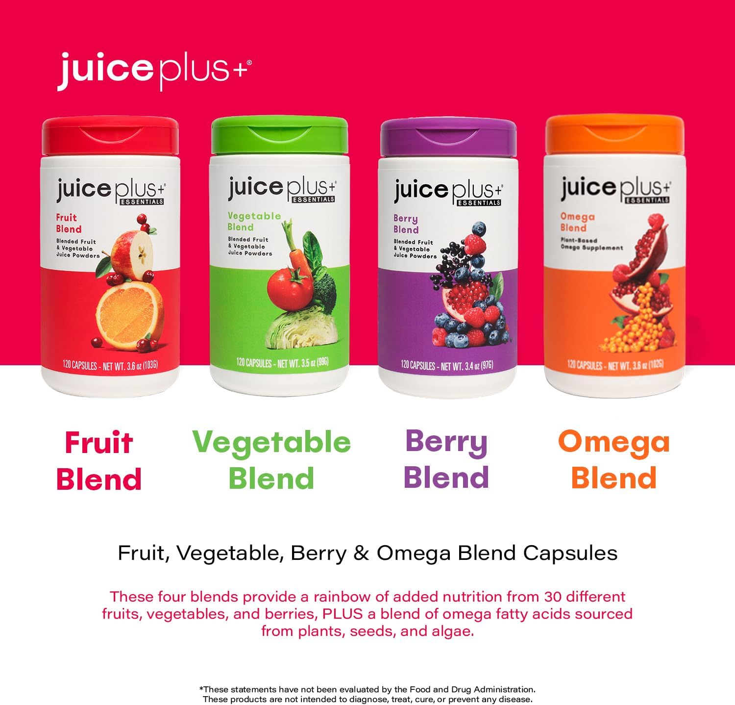 Juice Plus+ Fruit, Vegetable, Berry & Omega Blend Capsules - 4 Bottles (60 Servings) - Plant-Based Nutrition with 30 Fruits, Vegetables, Berries & Omega Fatty Acids