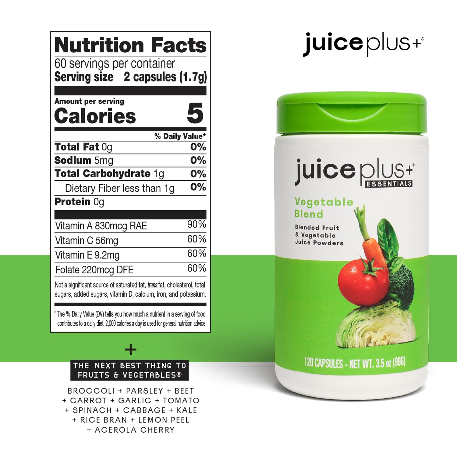 Juice Plus+ Fruit & Vegetable Blend Supplement - Whole Food Ingredients - Vegan, Non-GMO - 2 Bottles (120 Capsules Each)