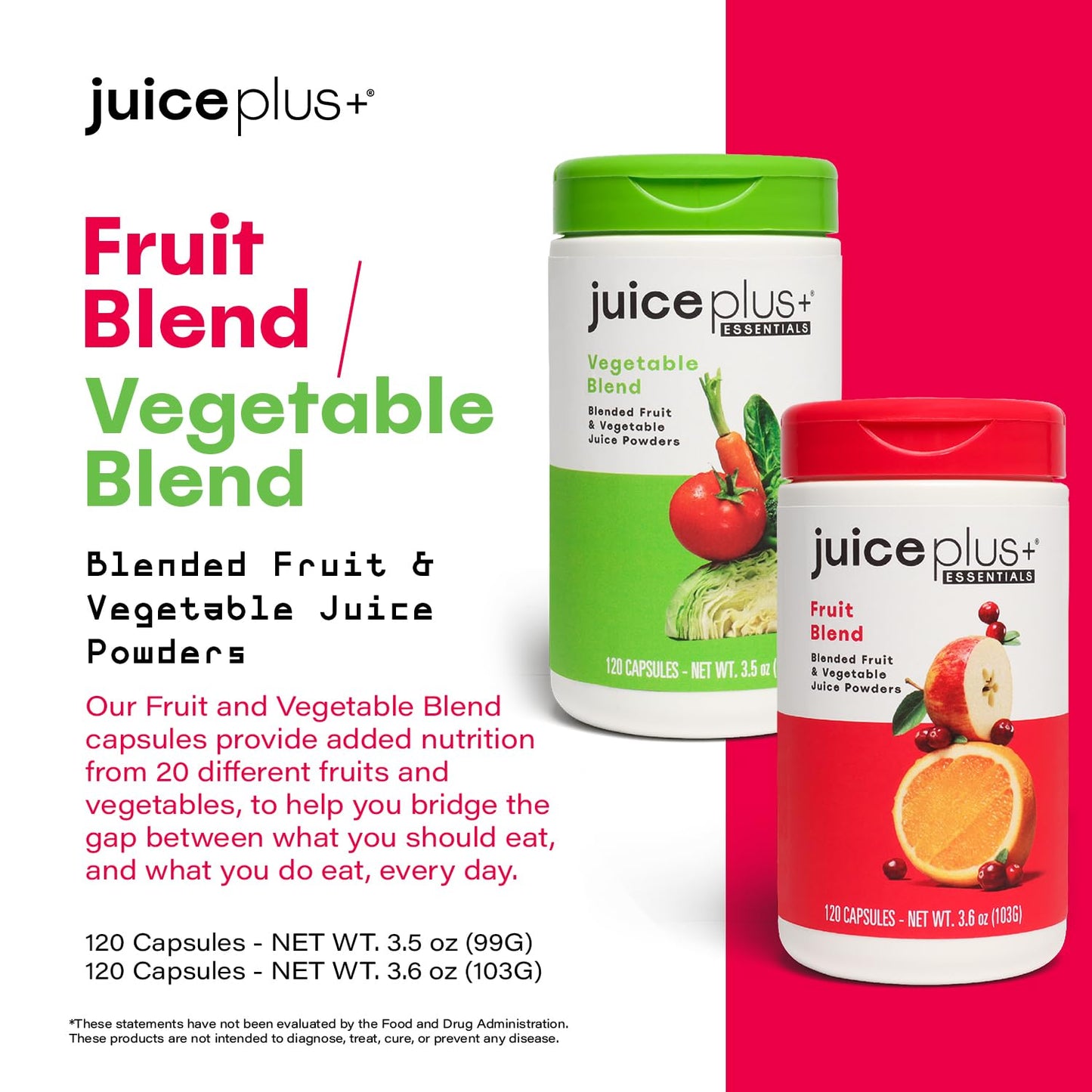 Juice Plus+ Fruit & Vegetable Blend Supplement - Whole Food Ingredients - Vegan, Non-GMO - 2 Bottles (120 Capsules Each)