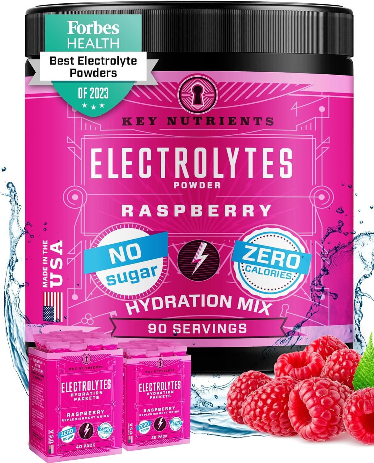 Juicy Raspberry Multivitamin Electrolyte Powder - Sugar-Free Hydration - Gluten-Free Keto Electrolytes - 90 Servings