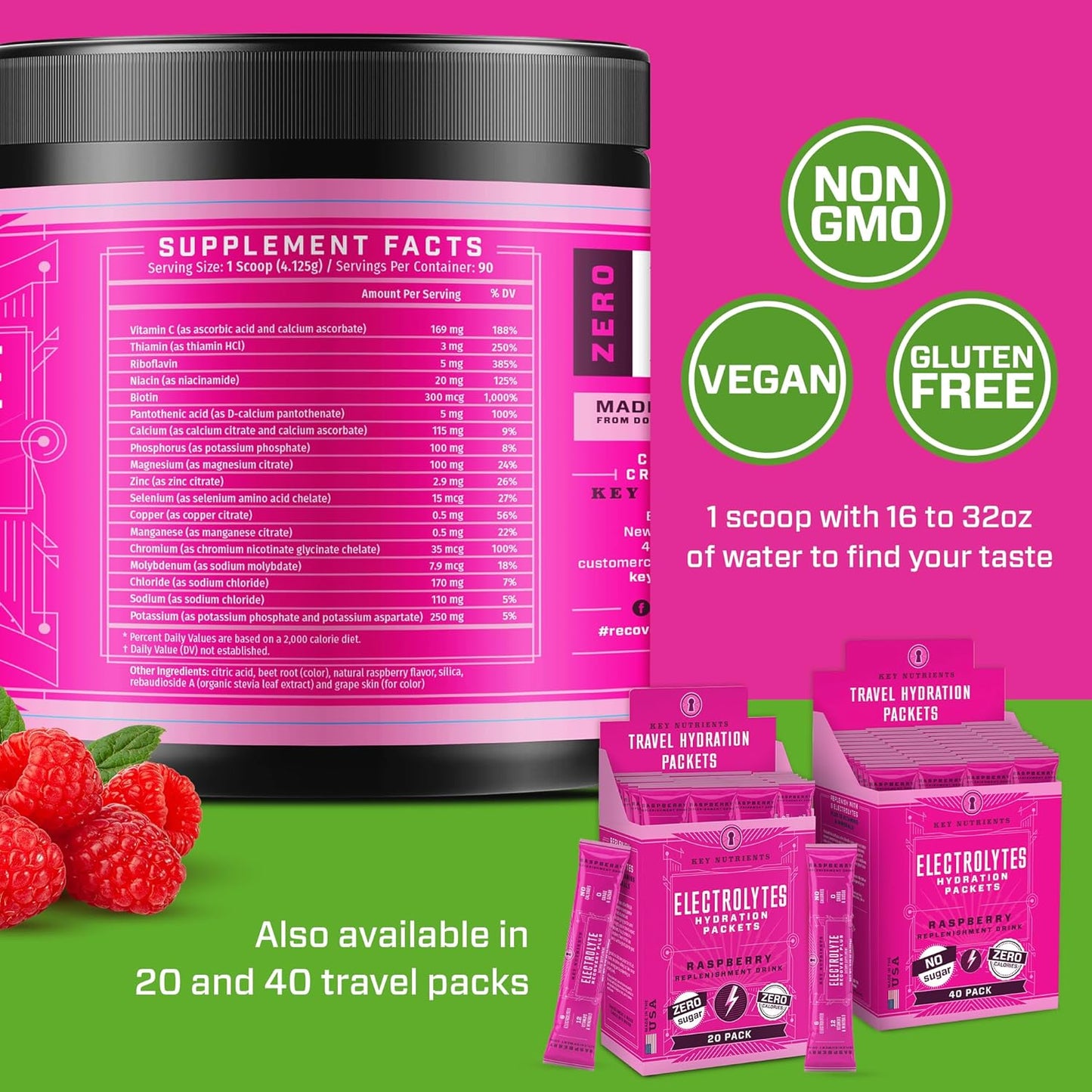 Juicy Raspberry Multivitamin Electrolyte Powder - Sugar-Free Hydration - Gluten-Free Keto Electrolytes - 90 Servings